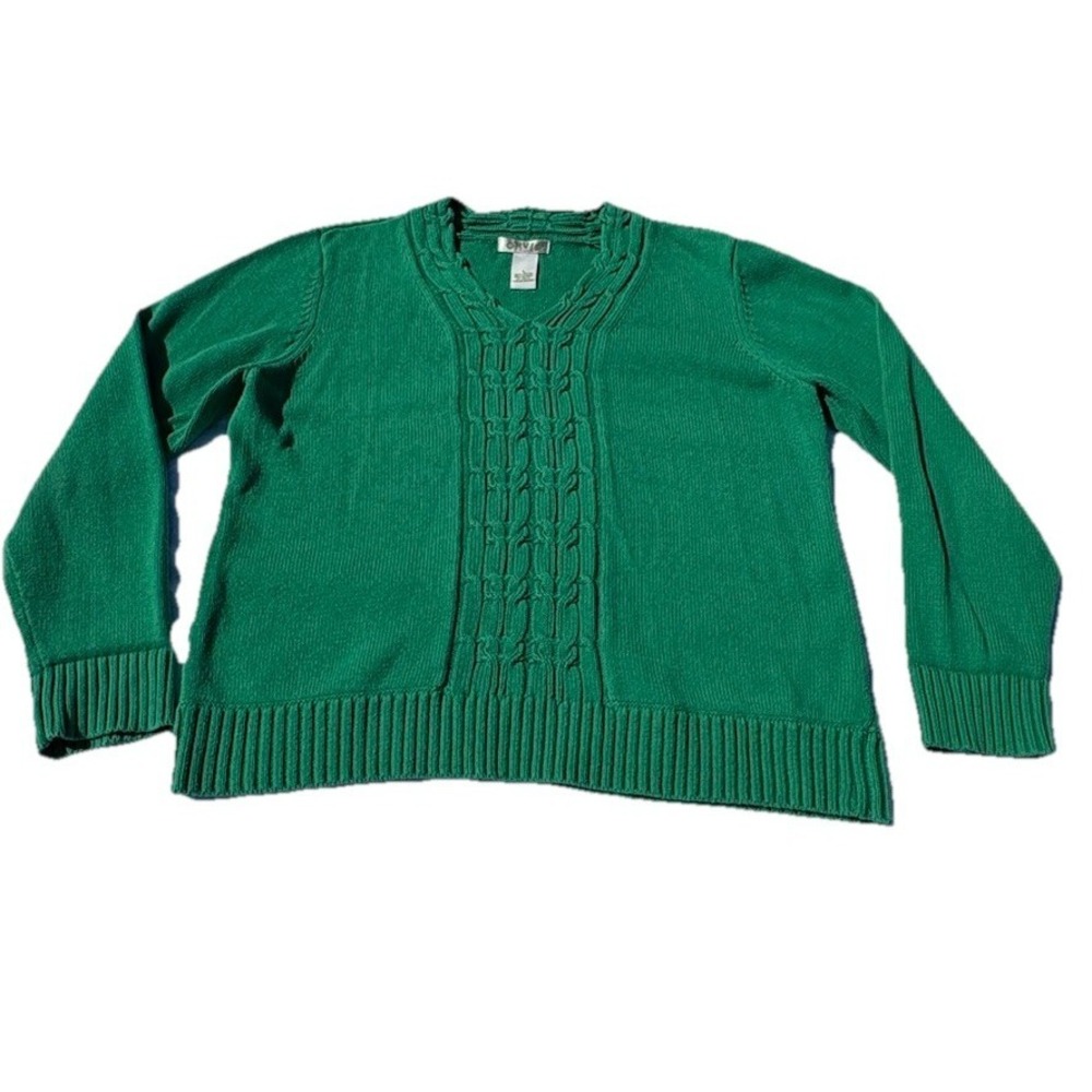 Green Orvis Cable Knit Sweater Womens L 100% Cotton V Neck Classic Heritage